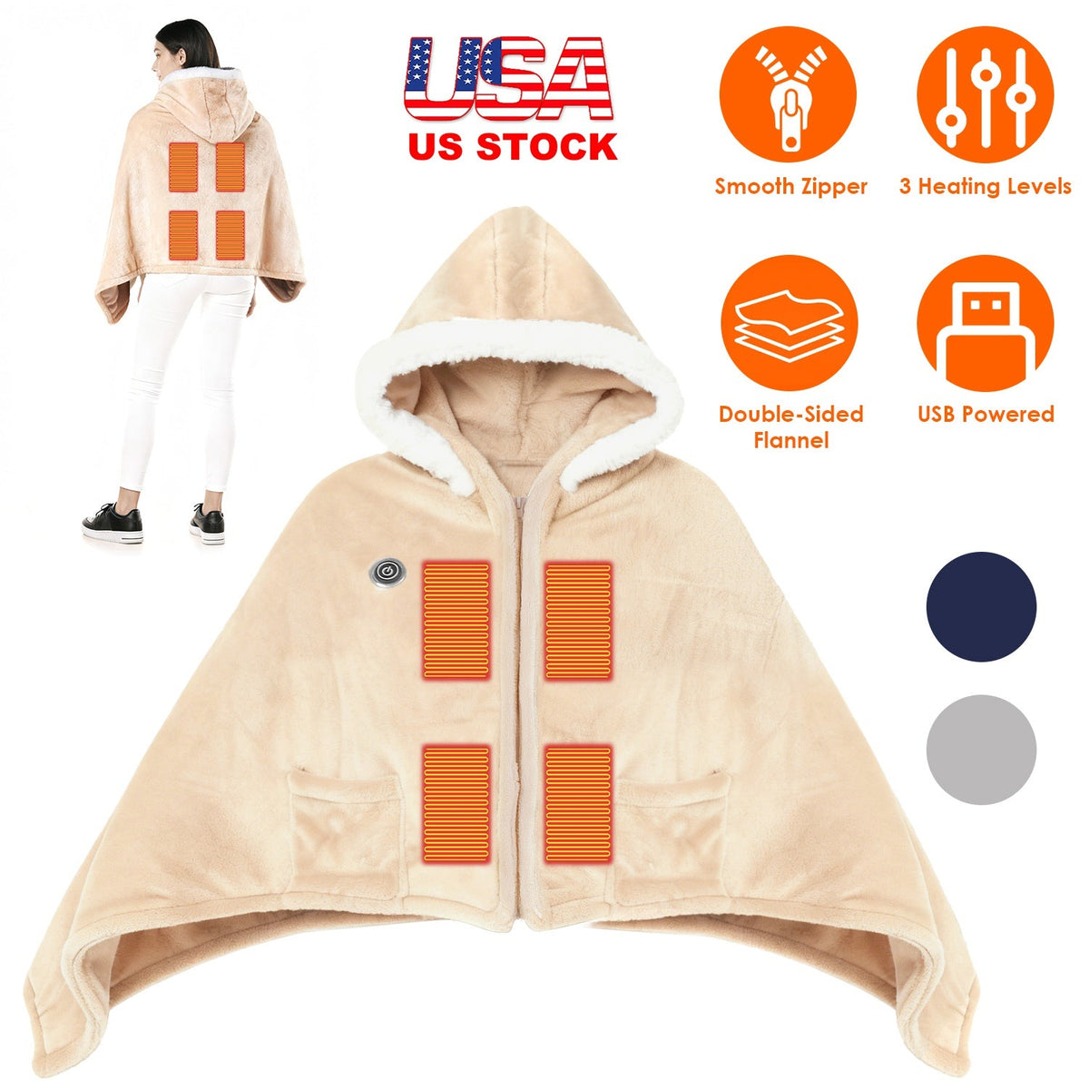 Wearable Heated Blanket with 8 Heating Zones and 3 Temp Levels