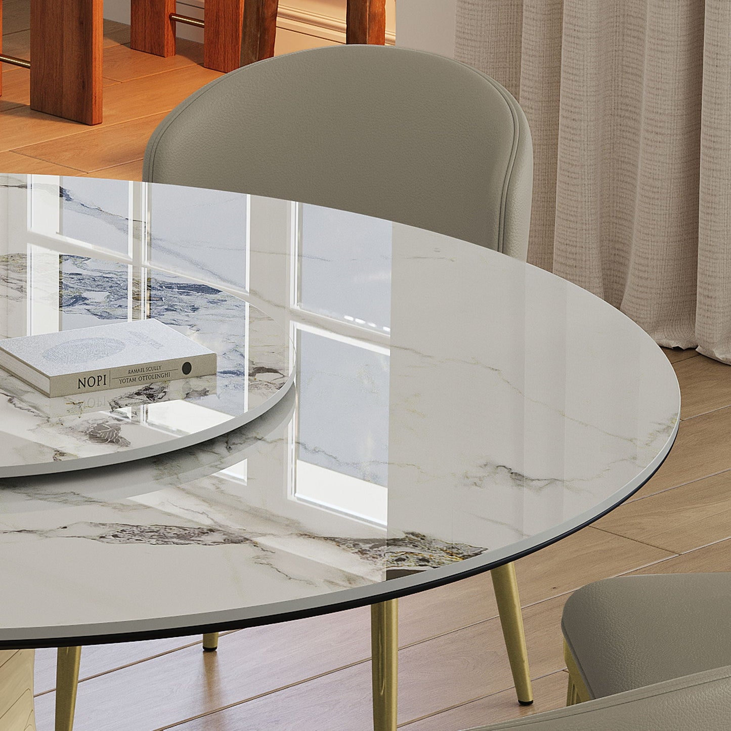 Luxury Round 59" Sintered Stone Dining Table With Stainless Steel Hourglass Base, Scratch & Heat Resistant Surface - Golden / White