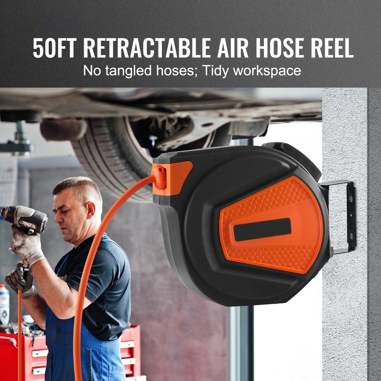 Retractable Air Hose Reel, 3/8 in x 50 ft Hybrid Air Hose
