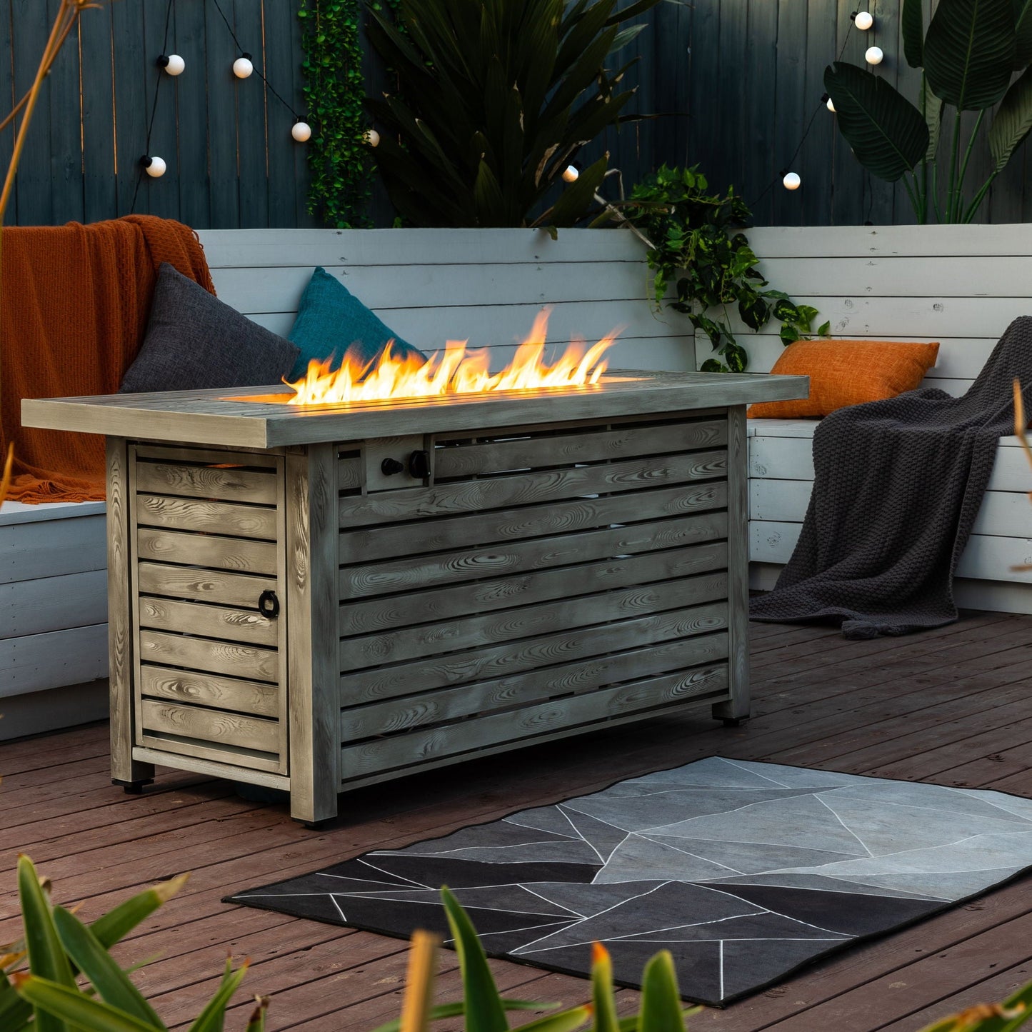 Propane Gas Fire Pit Table, 50000 Btu, Rectangular For Outside - Light Beige