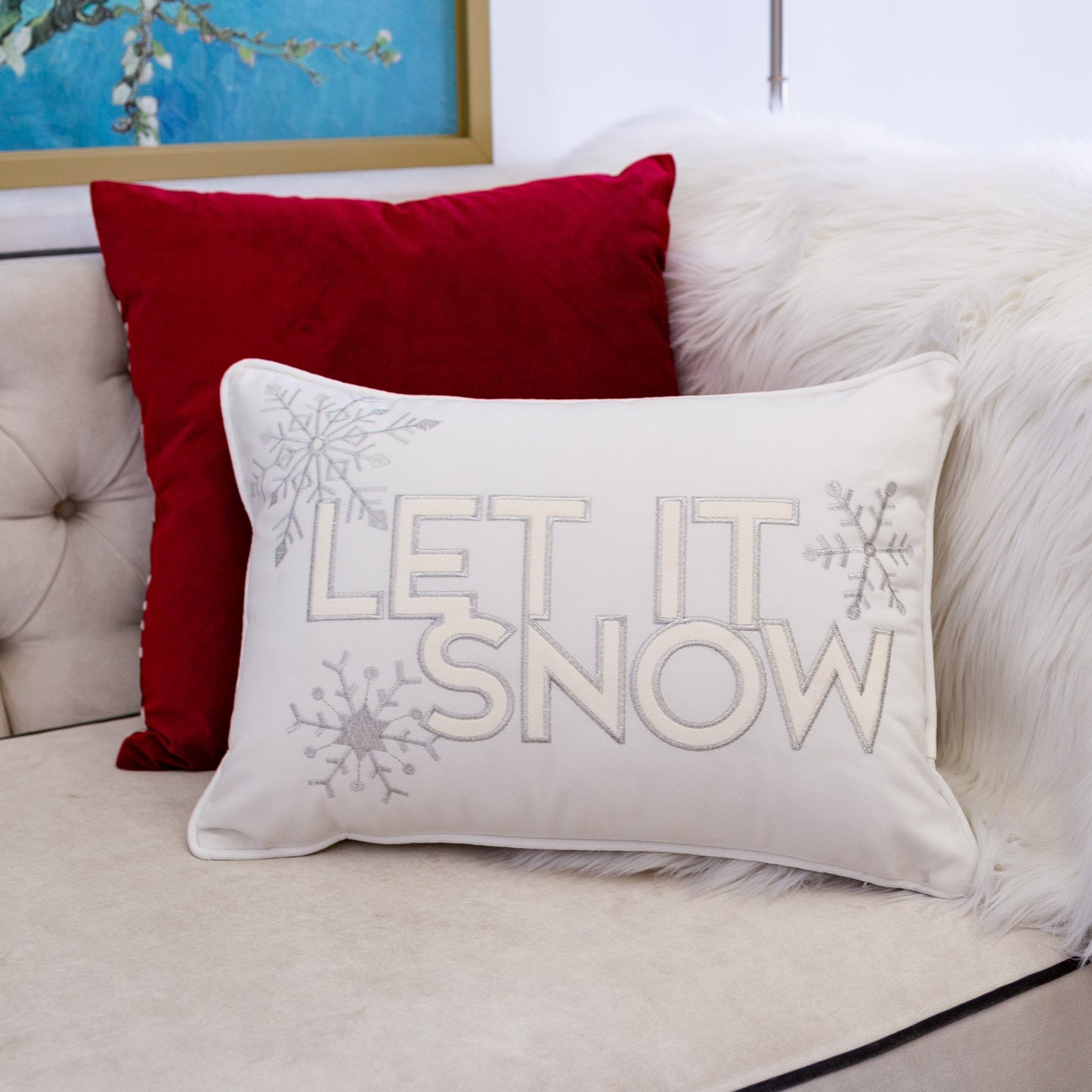 Nneka Let It Snow Ivory Velvet Lumbar Pillow with Insert 14x20