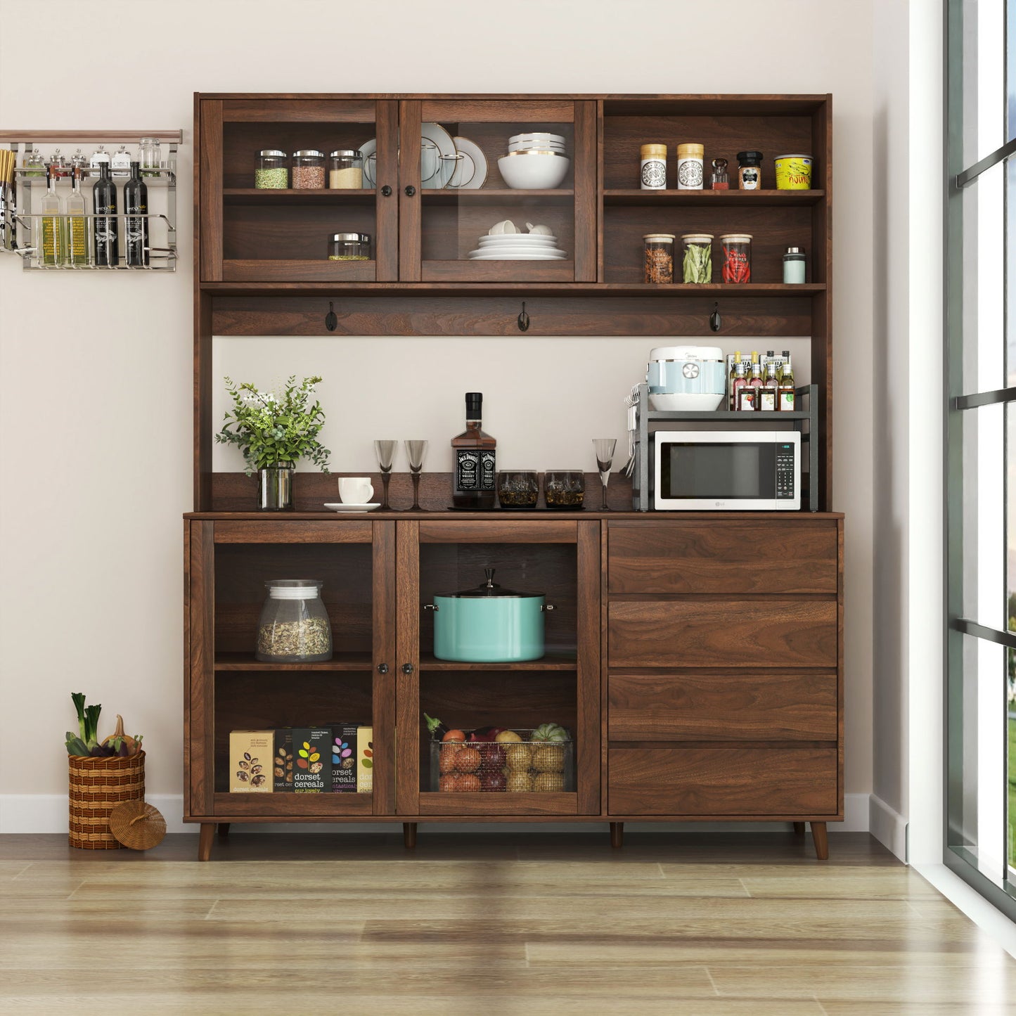 Large Kitchen Hutch Cabinet, Storage Kitchen Cupboard With 4 Doors, 4 Drawers & Microwave Shelf - Walnut