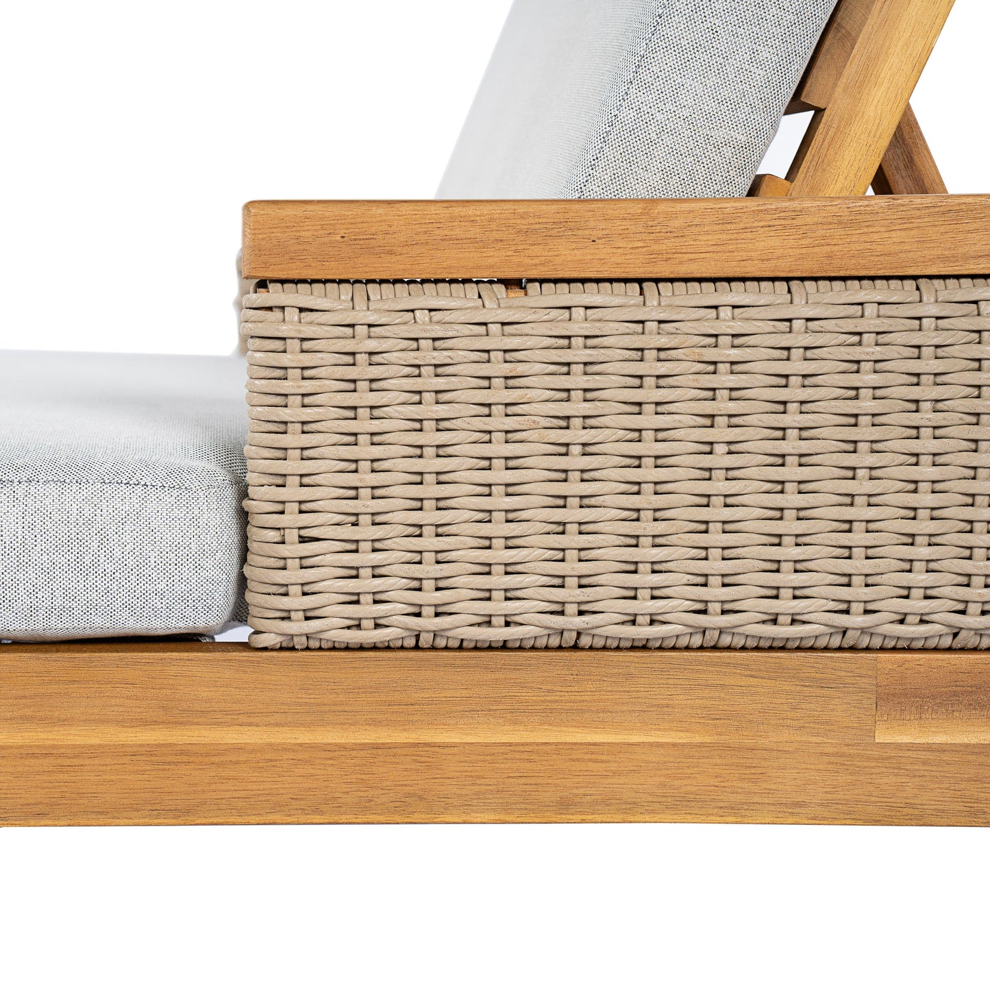 Solid Acacia Wood Sun Lounger with Grey Cushions and Light Grey Wicker