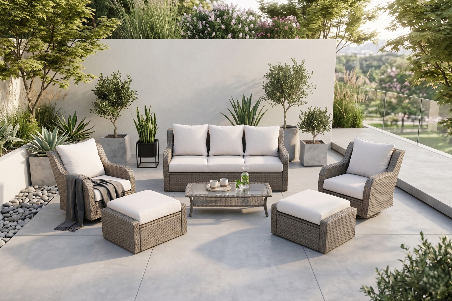 Luxury Rattan Patio Conversation Set – Includes 2 Swivel Chairs, Sofa, Coffee Table, And 2 Ottomans With Premium