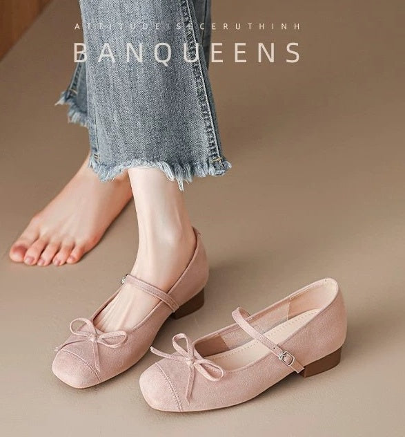 Soft Leather French Style Square Toe Mary Janes, Women 2026 Spring Bow Single Shoes With Single Strap, Daily Commute Flats