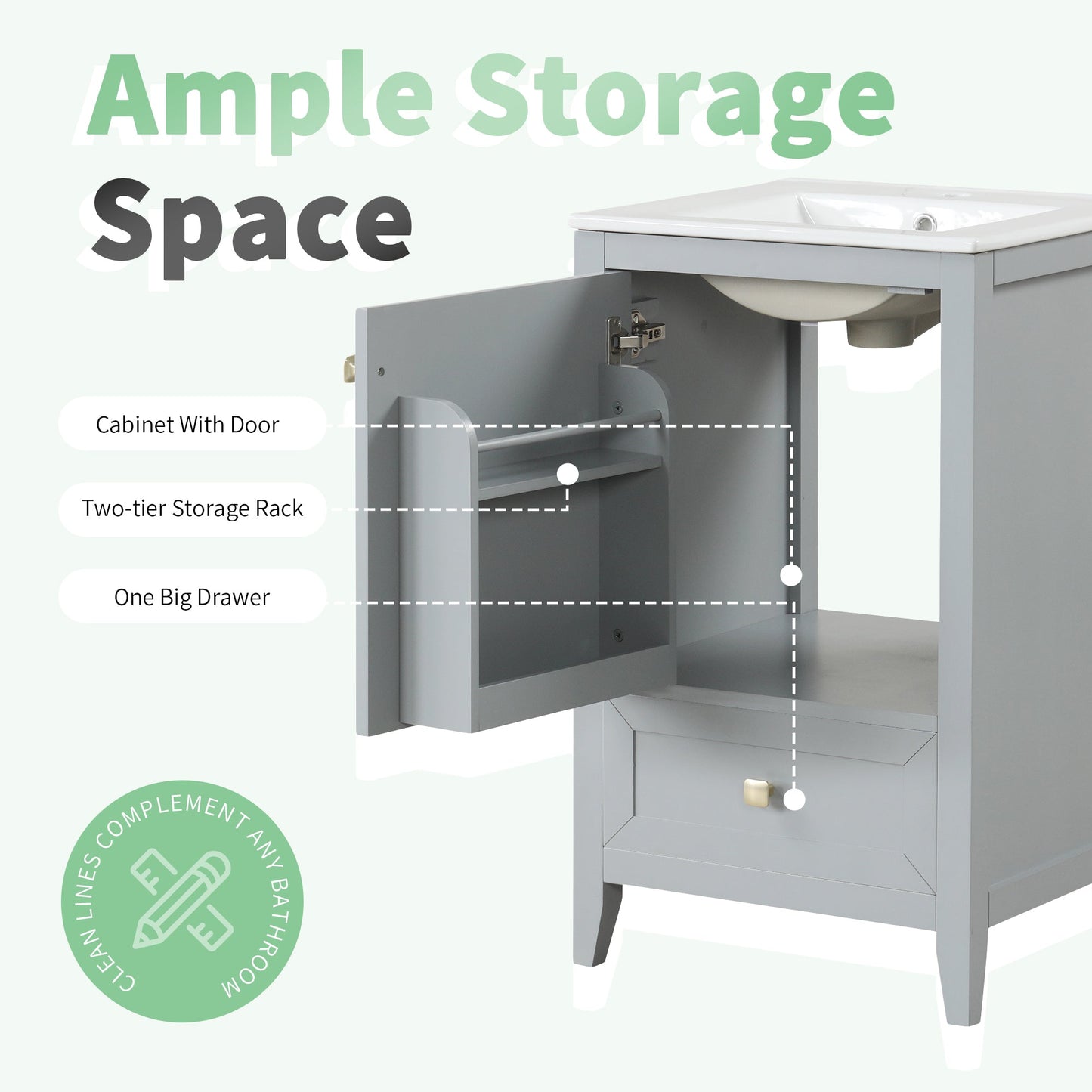 20" Bathroom Vanity with Sink, Storage Rack, and Soft Closing Door - Grey