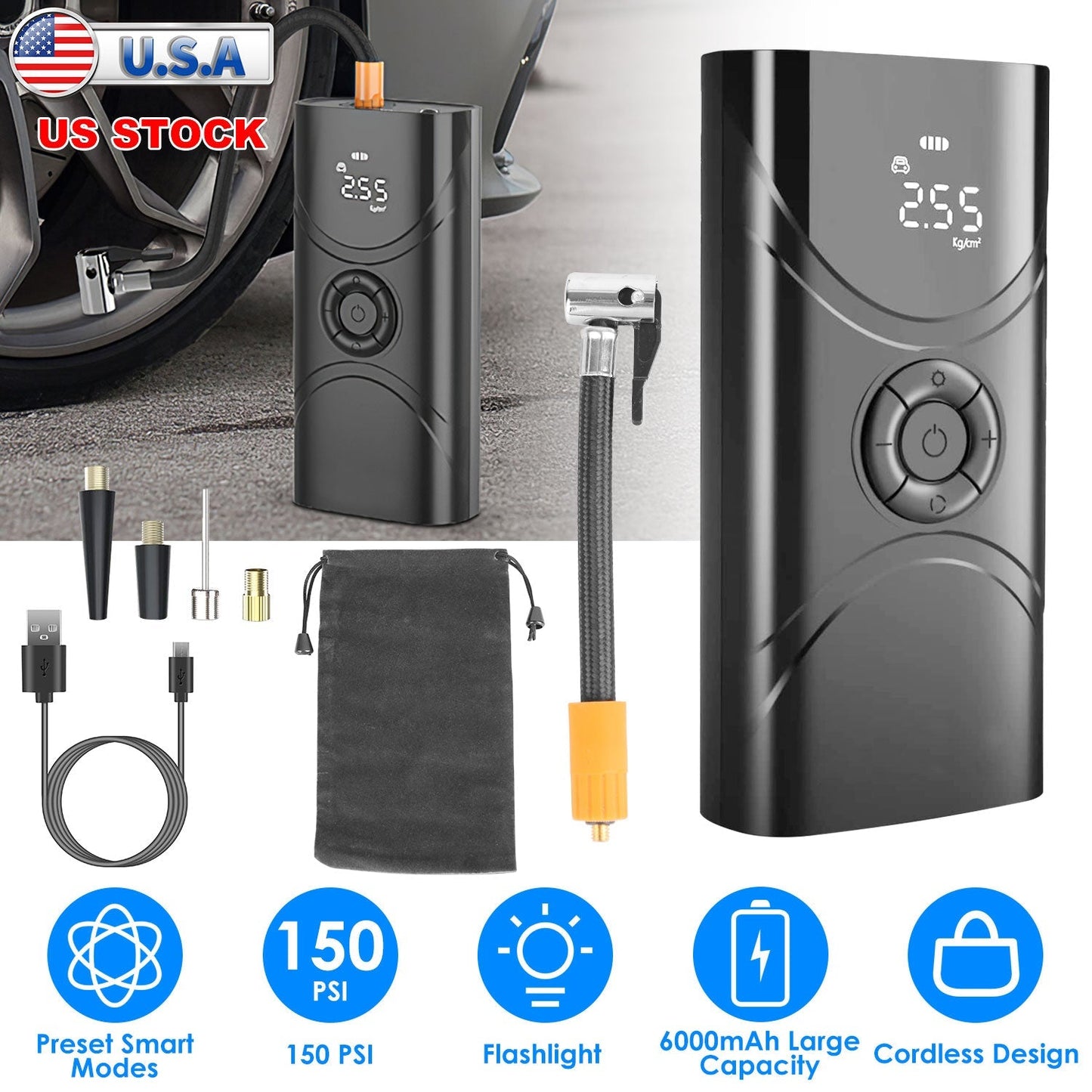Car Tire Inflator Pump Portable Car Air Compressor 6000mAh Wireless Electric Air Pump 150 PSI with LED Light
