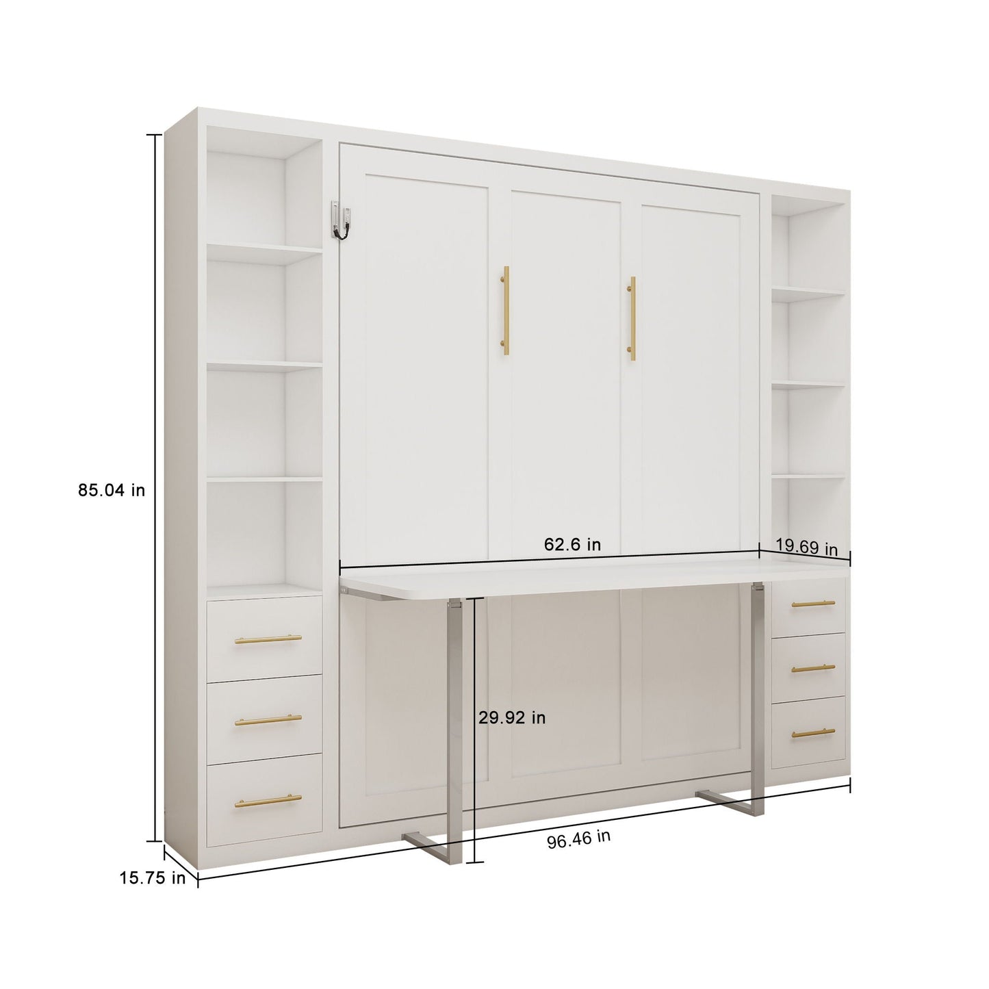Queen Size Murphy Wall Bed With Side Storage Cabinets - White