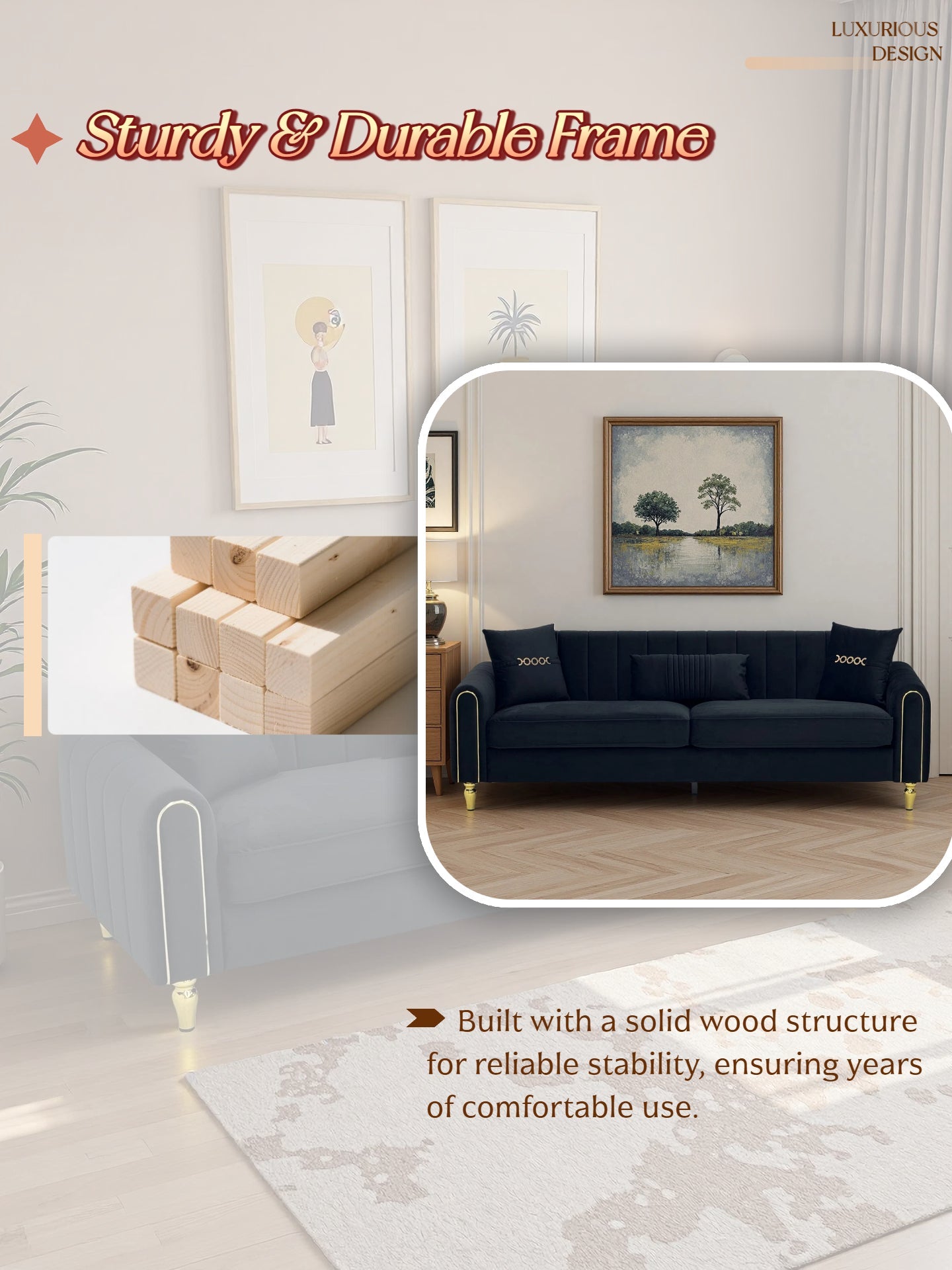 FX-P11-BK 87.4 Inch Modern Sofa Couch for Living Room, 3 Seater Upholstered Sofa with Pillows
