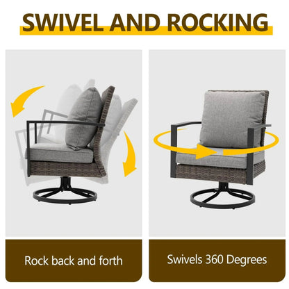 3 Piece Patio Furniture, Swivel Rocker Bistro Set With Side Table & Cushions For Porch - Gray