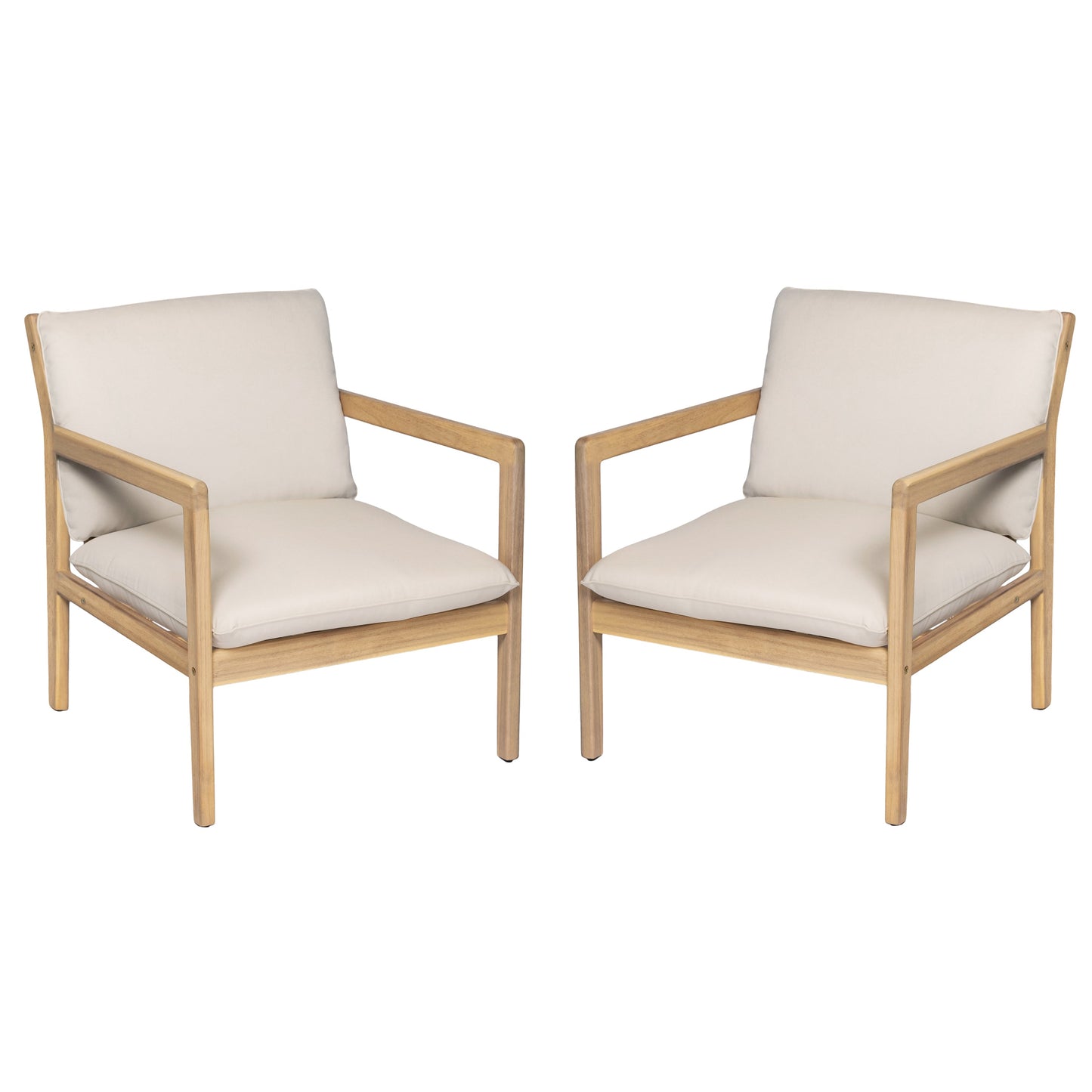 Outdoor Acacia Wood Armchair, Set of 2, Patio Club Chair with Cushions, Light Teak