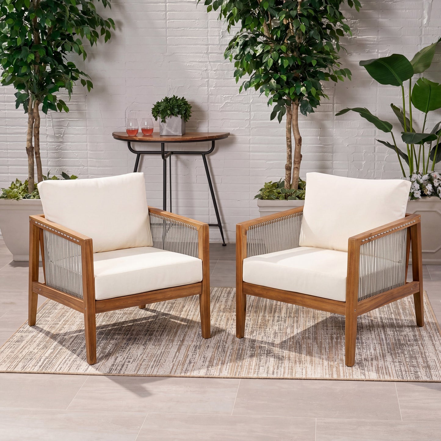 Outdoor Club Chairs (Set of 2), Acacia Wood Frame with Rope Back, Water-Repellent