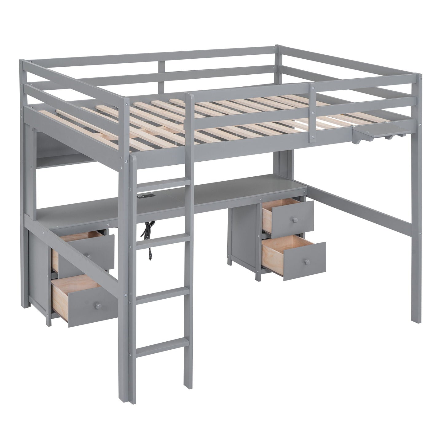 Loft Bed With Desk, Cabinets, Drawers, Charging Station And Bedside Tray