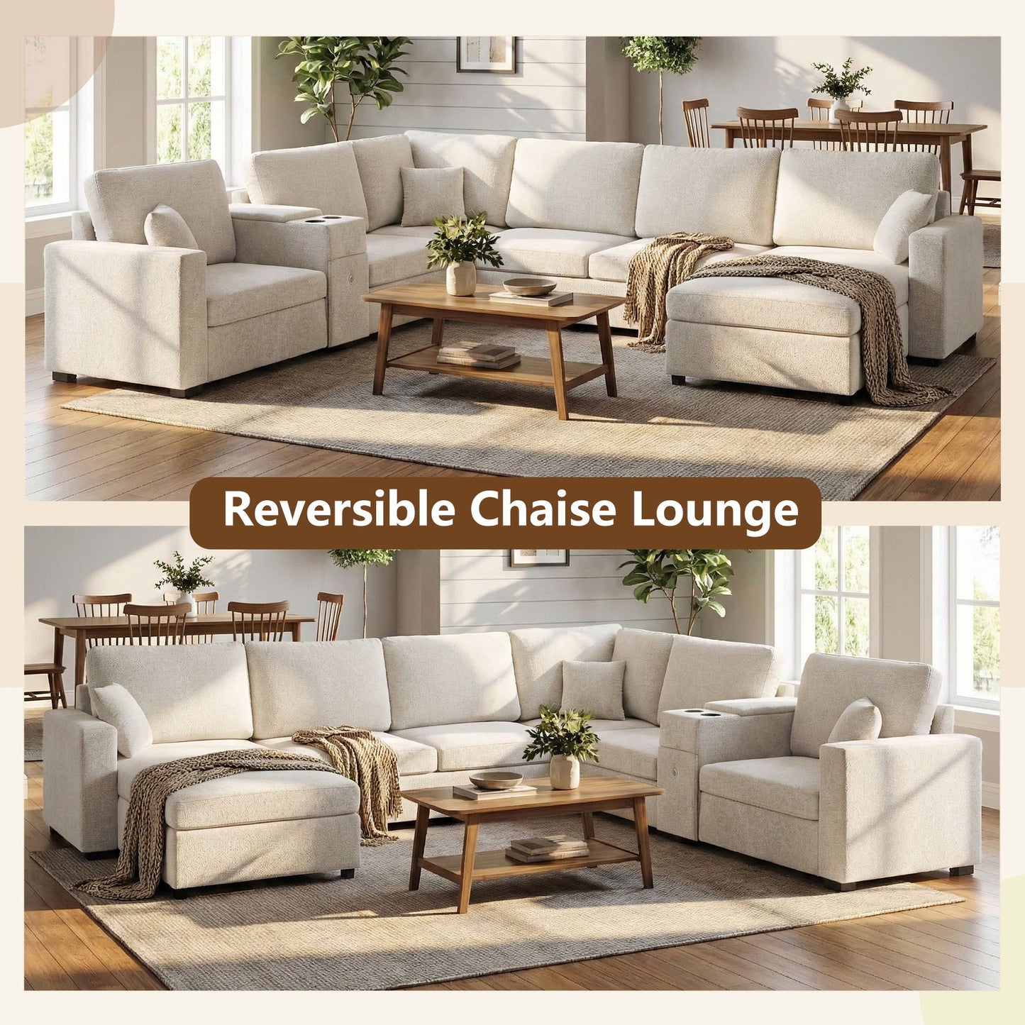 Modular 5 Seat U-Shape Sectional Sofa With Chaise Lounge, Built In Cup Holders And Storage Drawer