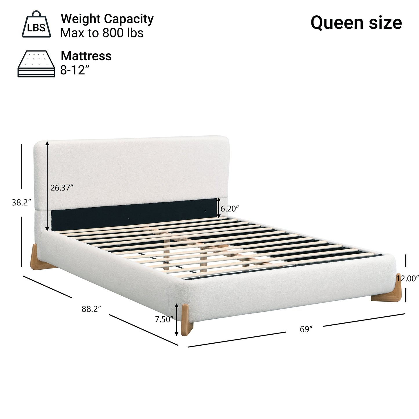 Elegant Boucle Upholstered Bed, Queen Size