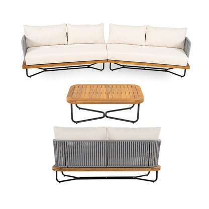 Lucca Outdoor 6 Seaters Acacia Wood and Rope Woven Patio Conversation Set
