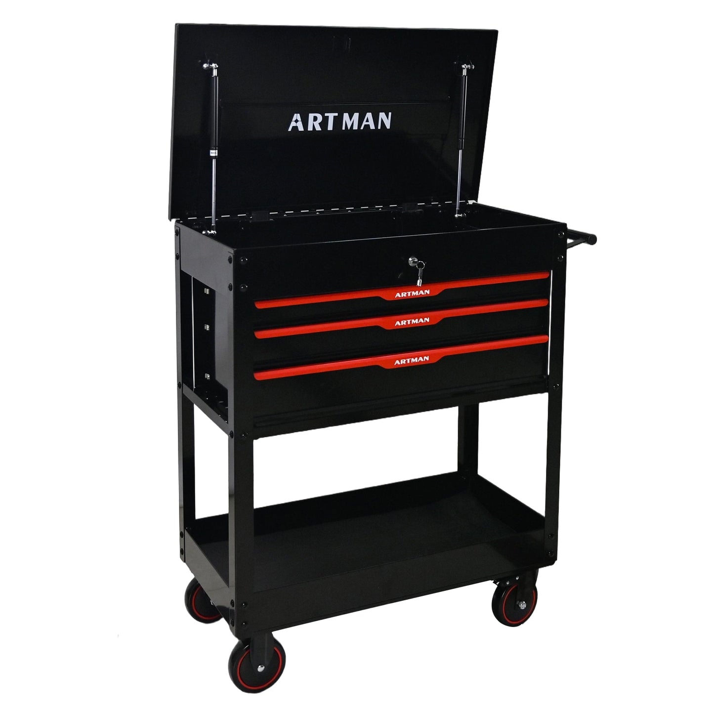 3 Drawers Multifunctional Tool Cart with Wheels and Steel Top - Black & Red