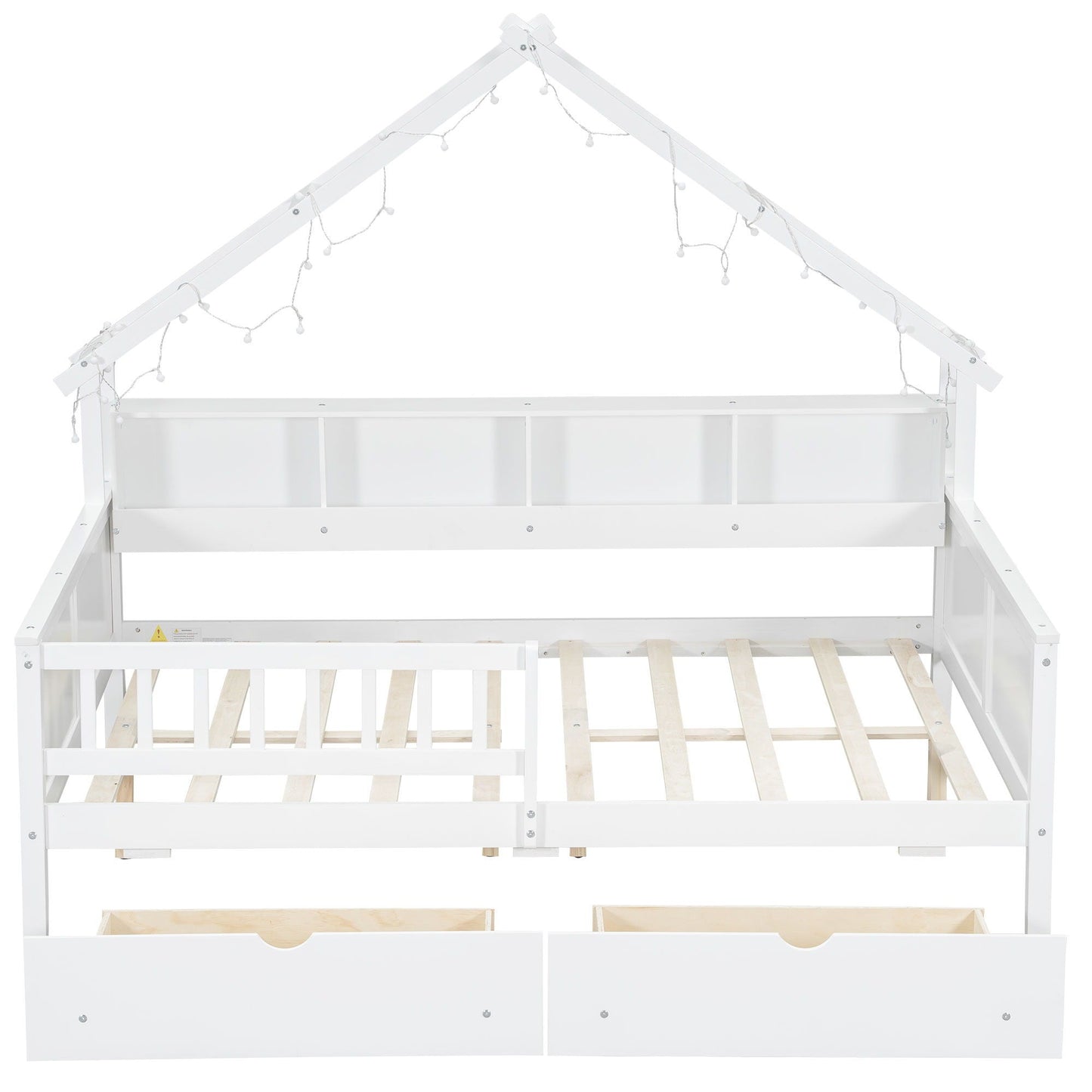 House Style Platform Bed With LED Lights, Storage Shelves, Drawers, And Guardrail
