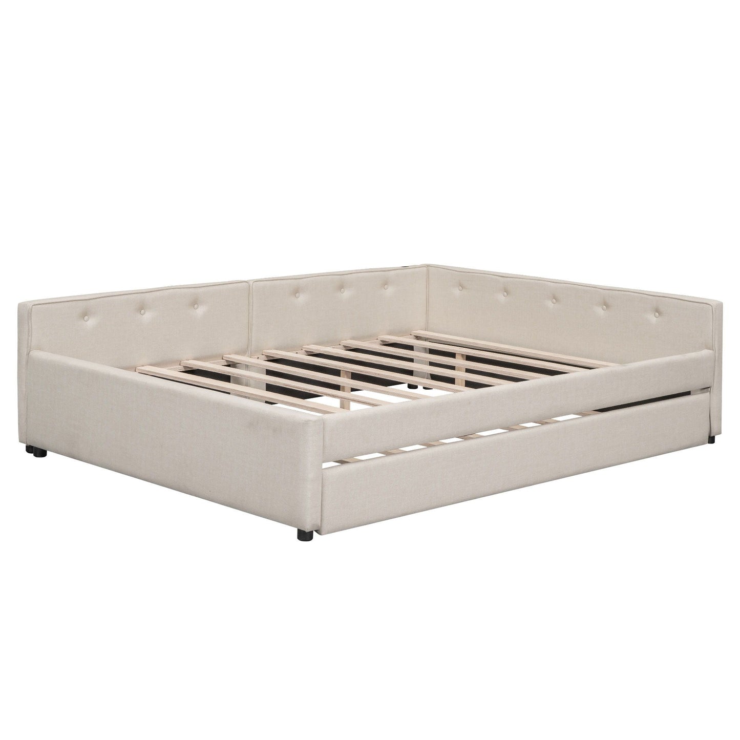 Queen Size Upholstered Platform Bed With USB And Twin Trundle - Beige