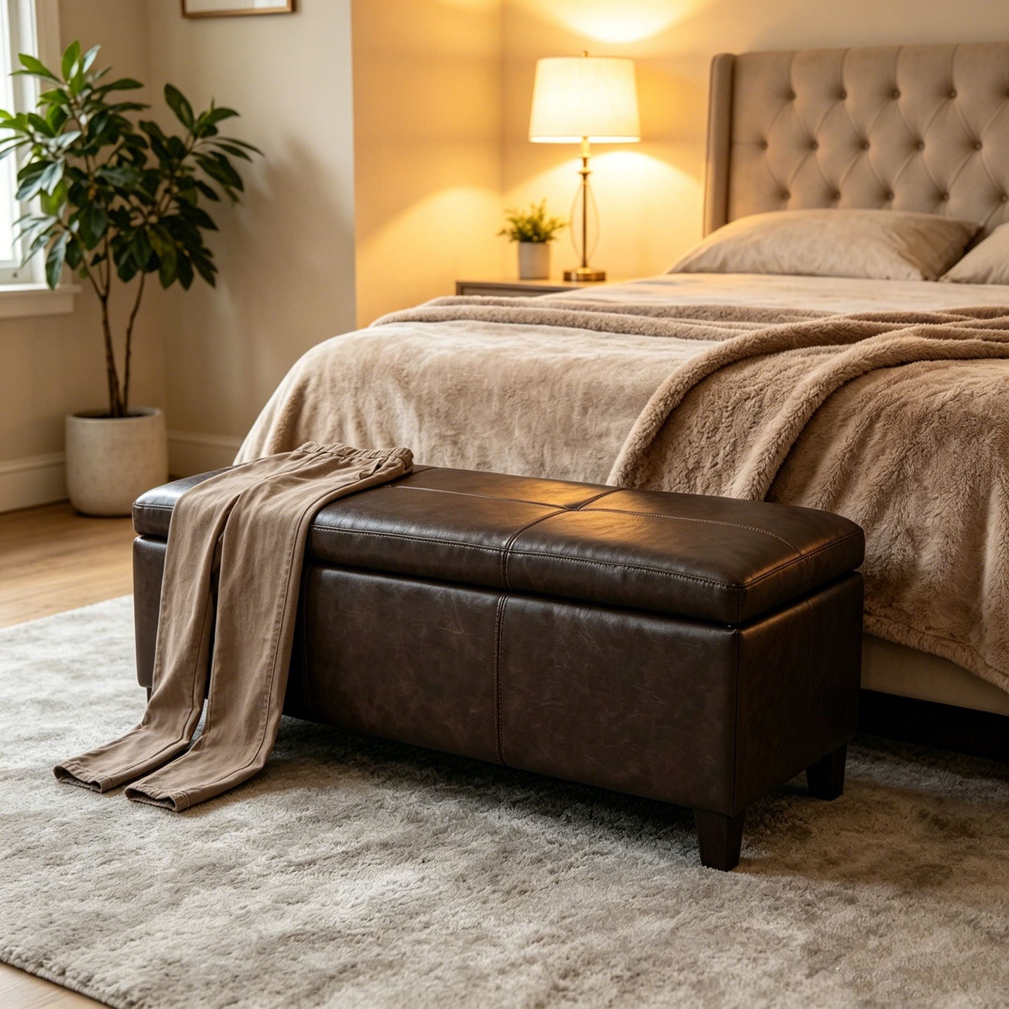 Rectangle Storage Ottoman Bench For Living Room - Brown