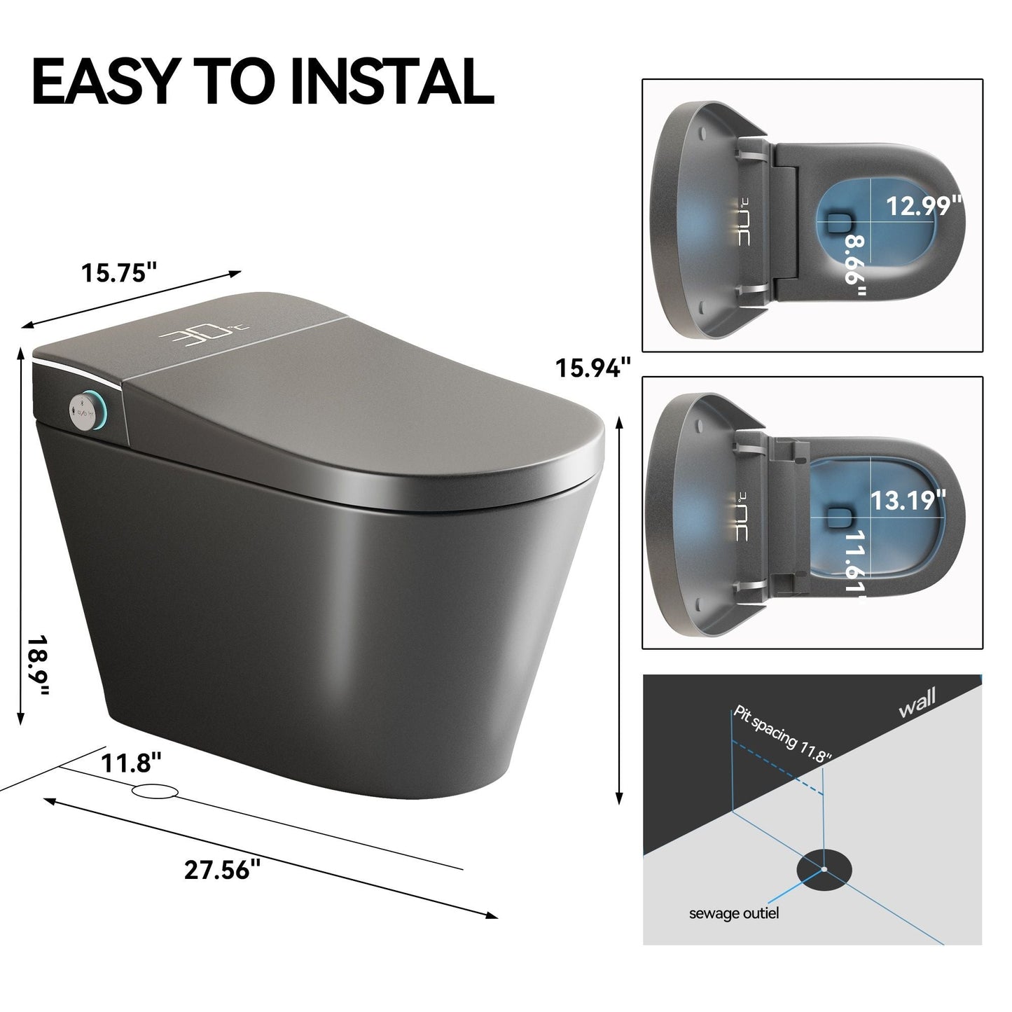 Smart Bidet Toilet With Auto Open / Close Seat, Warm Water Wash, Heated Seat, And Wireless Remote Control
