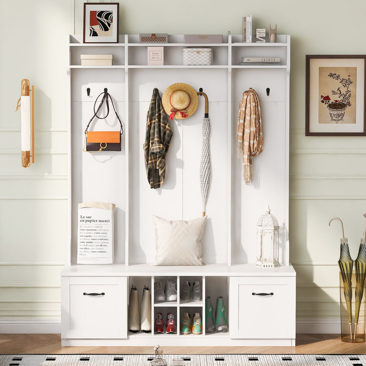 5 In 1 Entryway Bench With Coat Rack, 7 Sturdy Hooks, 2 Spacious Drawers And Adjustable Shelves
