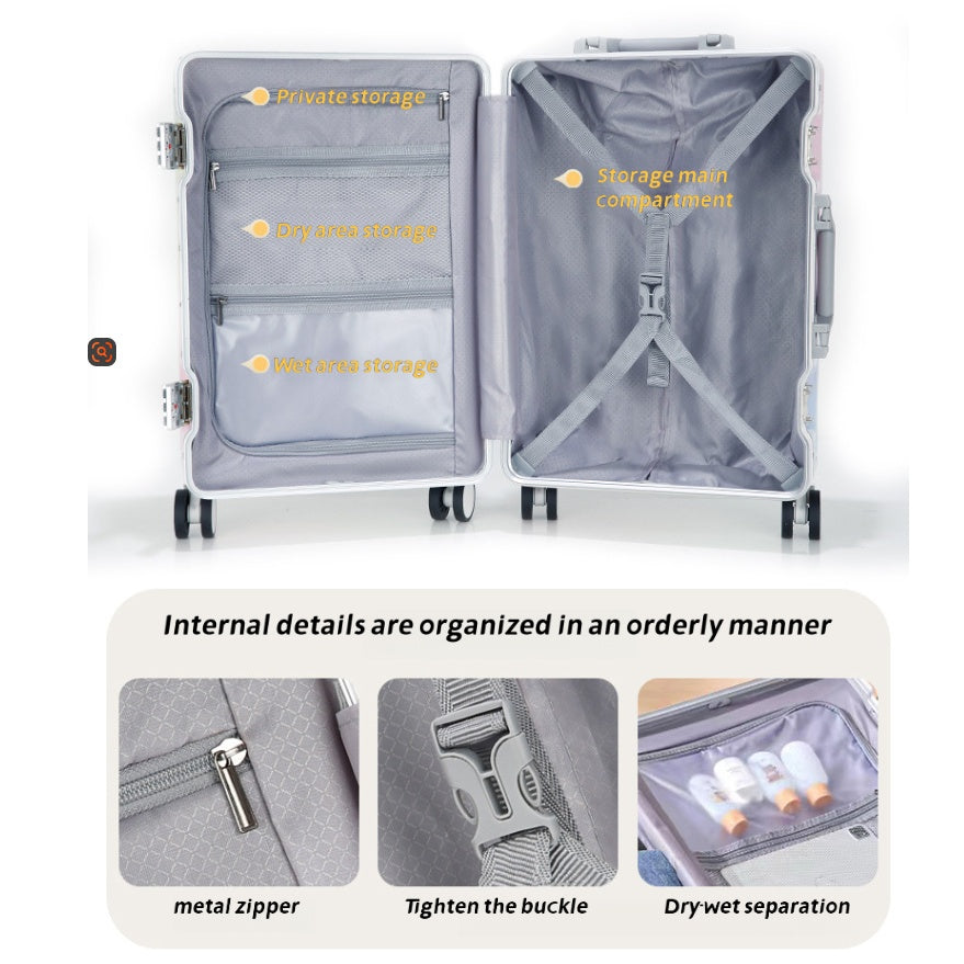 Aluminum Frame Hard Shell Luggage, Colorful And Fashionable, No Zipper Aluminum Frame, TSA Lock, With Cup Holder USB Interface, Aluminum Frame Travel Box, Durable Password Box