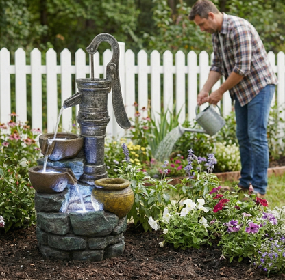 32'' H Large Outdoor Fountain with Vintage Pump