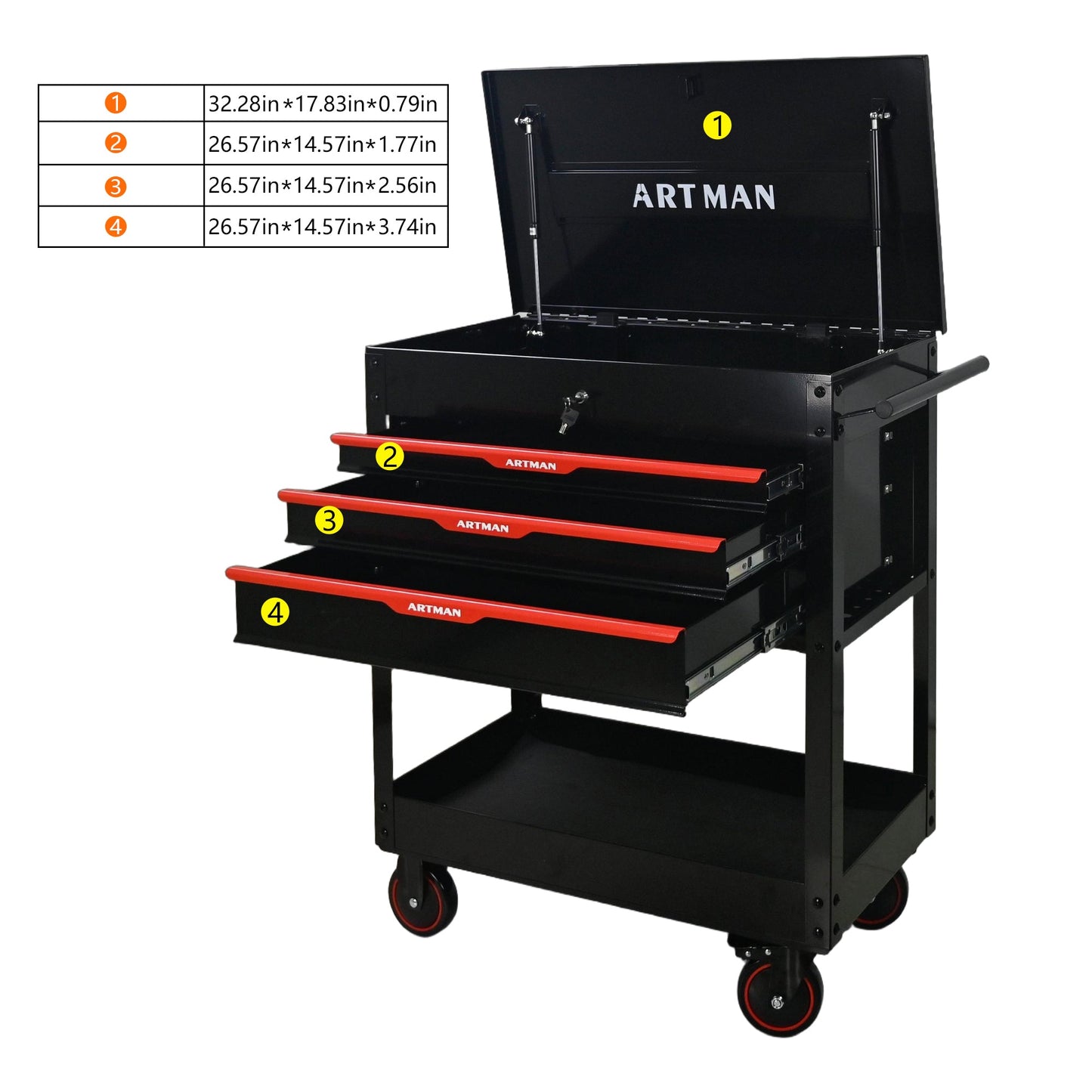 3 Drawers Multifunctional Tool Cart with Wheels and Steel Top - Black & Red