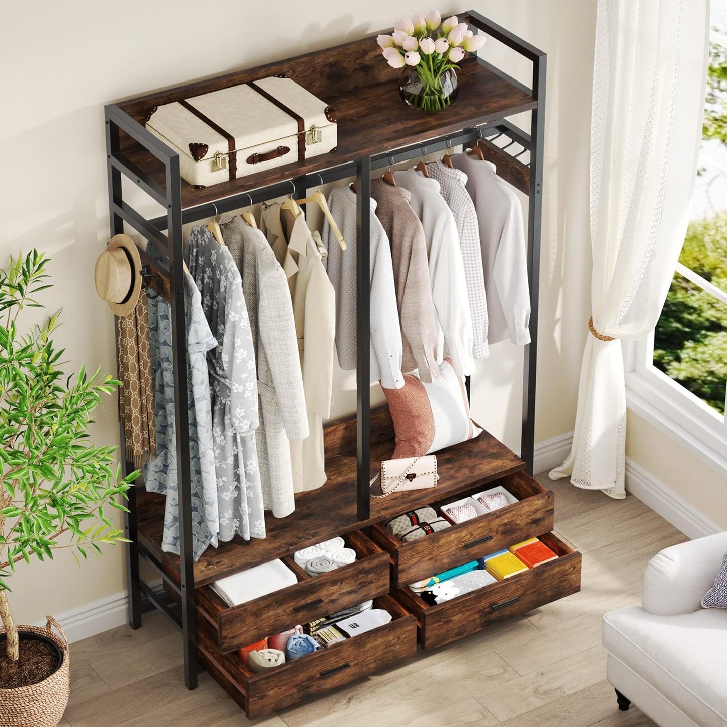 Freestanding Closet Organizer With 4 Drawers, 8 Hooks, Shelves, And Hanging Rod - Brown / Black