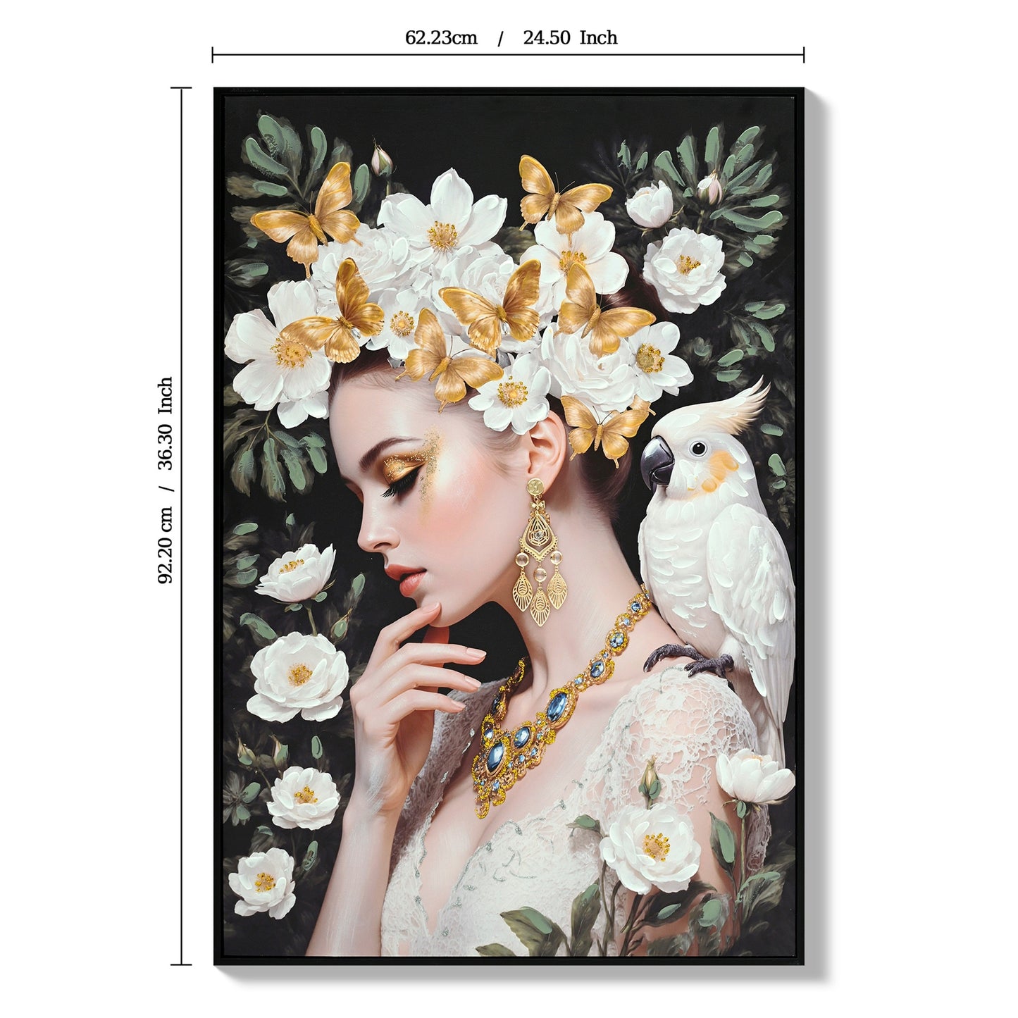 Beauty Lady Wall Art Gold and White Floral Canvas 24x36 Inch