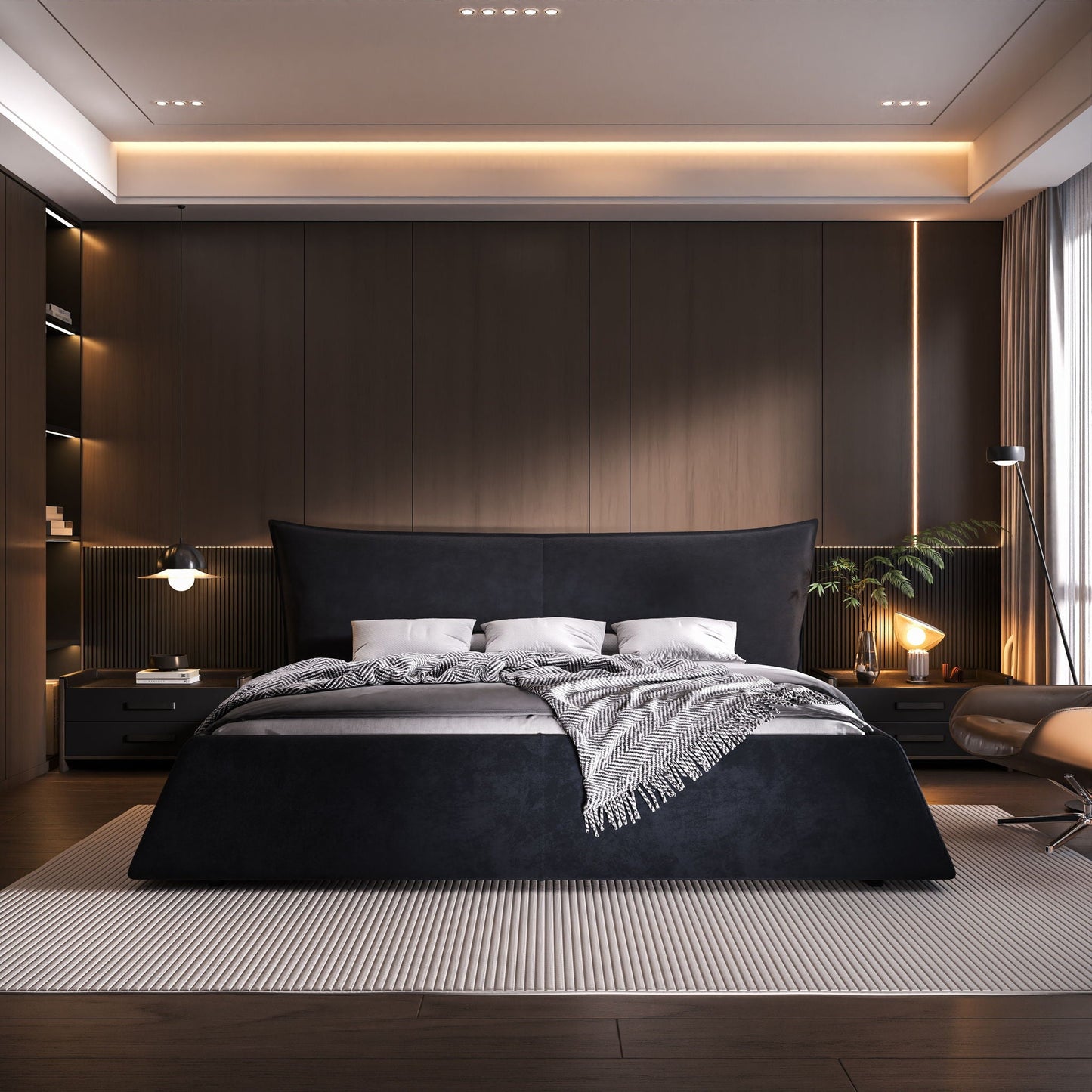 Upholstered Platform Bed With Special Shaped Headboard
