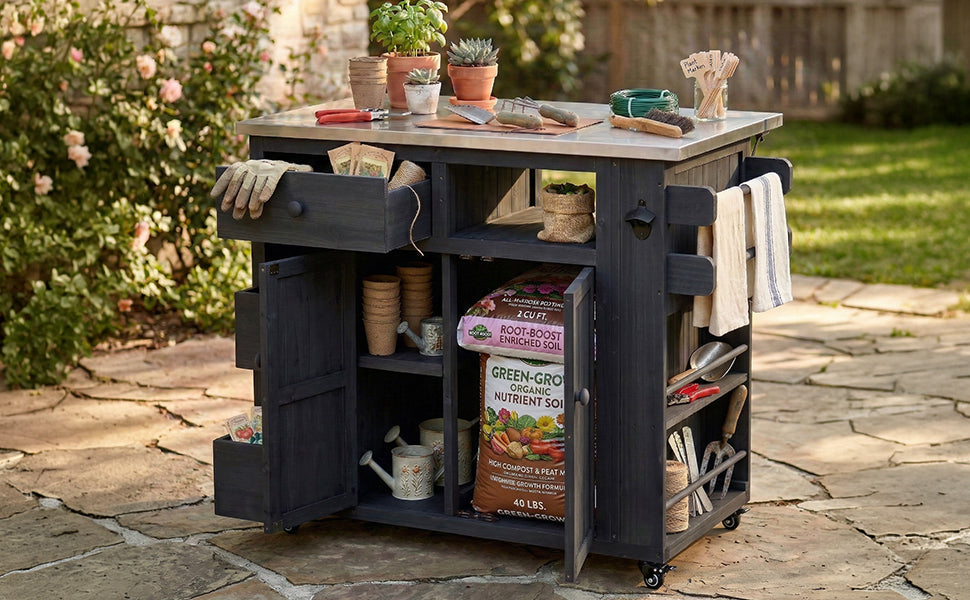 TOPMAX Outdoor Solid Wood Extendable Kitchen Island