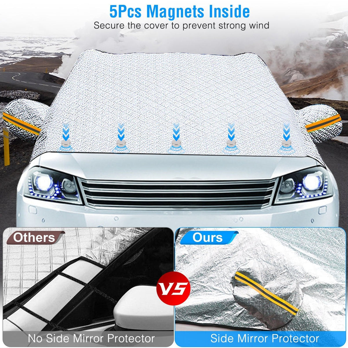 Car Windshield Snow Cover Windproof Magnetic Car Windscreen Cover Frost Ice Protection with SideÊMirror Protector 5 Magnets for Most Vehicles