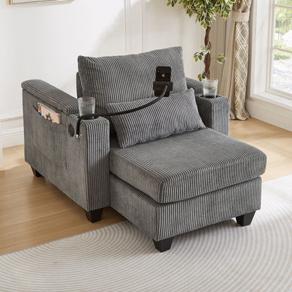 Convertible Chaise Lounge Sofa Chair With USB Ports, Cup Holders, Phone Holder And Storage