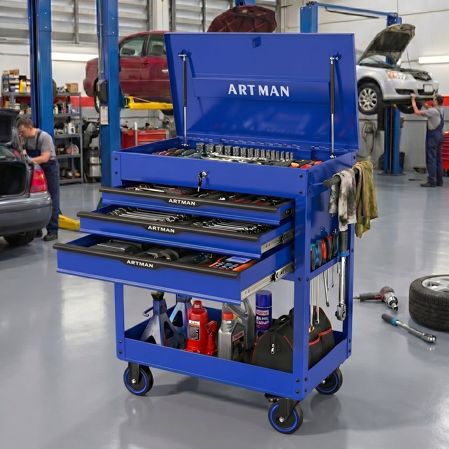 3 Drawers Multifunctional Tool Cart with Wheels and Steel Top - Blue & Black