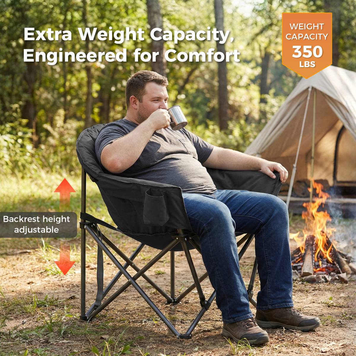 Oversized Camping Chair, Portable Folding Moon Chair with Side Pocket