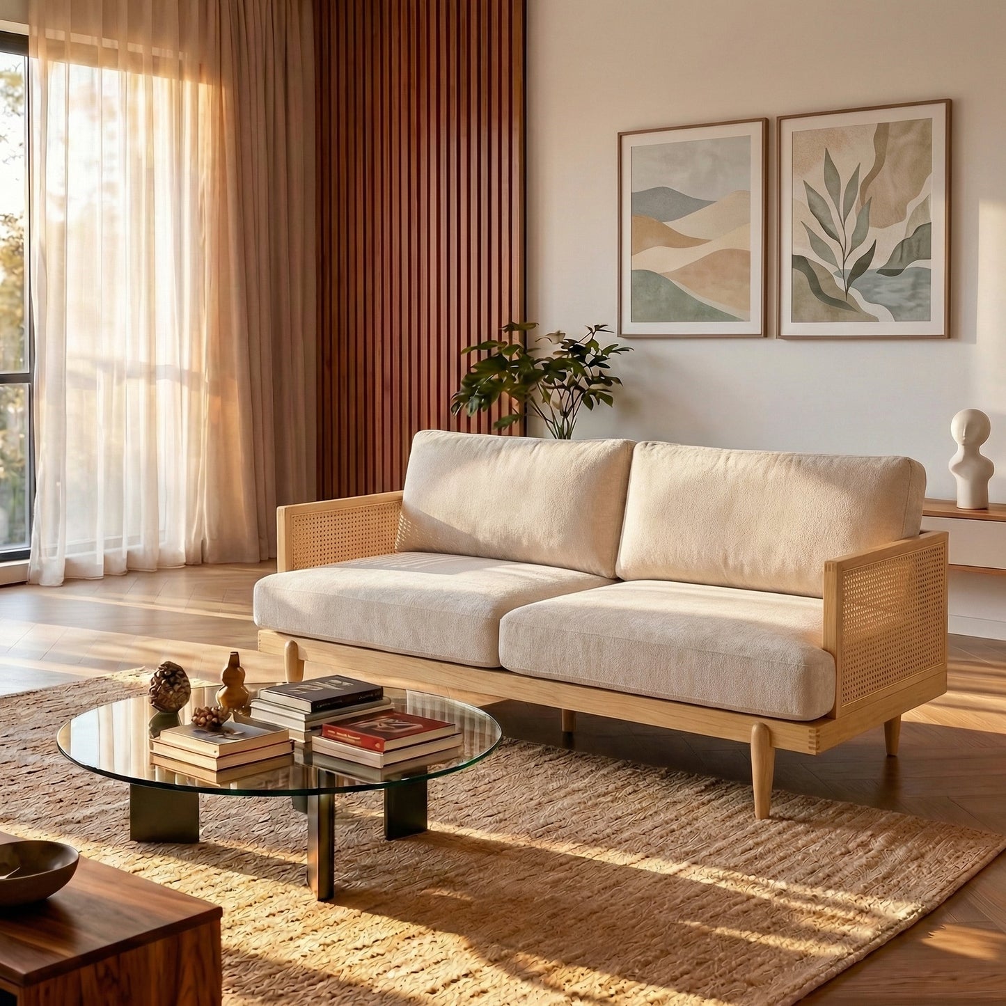 Emir 72" Square Arm 3-Seater Boucle Sofa with Cane Rattan and Wooden Frame