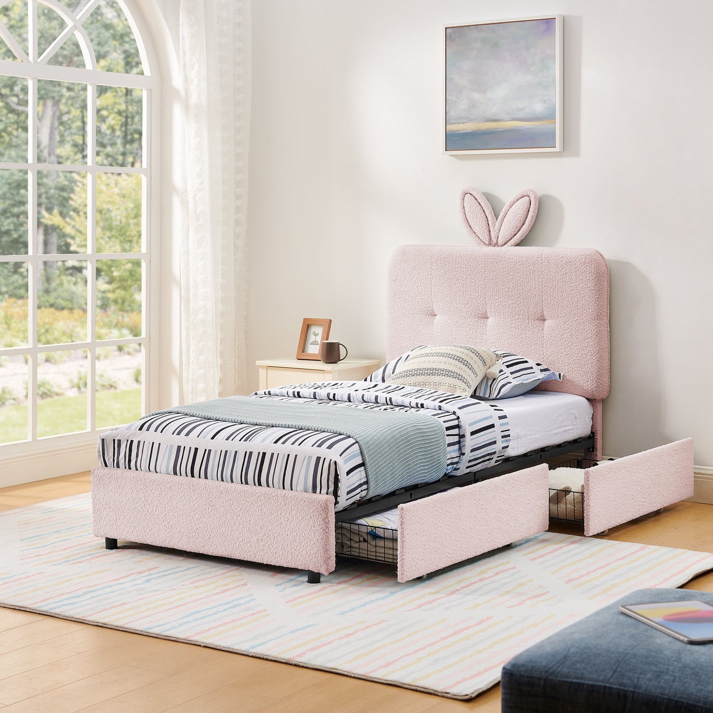 Twin Size Kids Upholstered Bed with Oversized Rabbit Ear Headboard