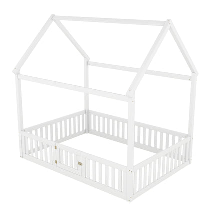 Wood House Bed With Fence And Door