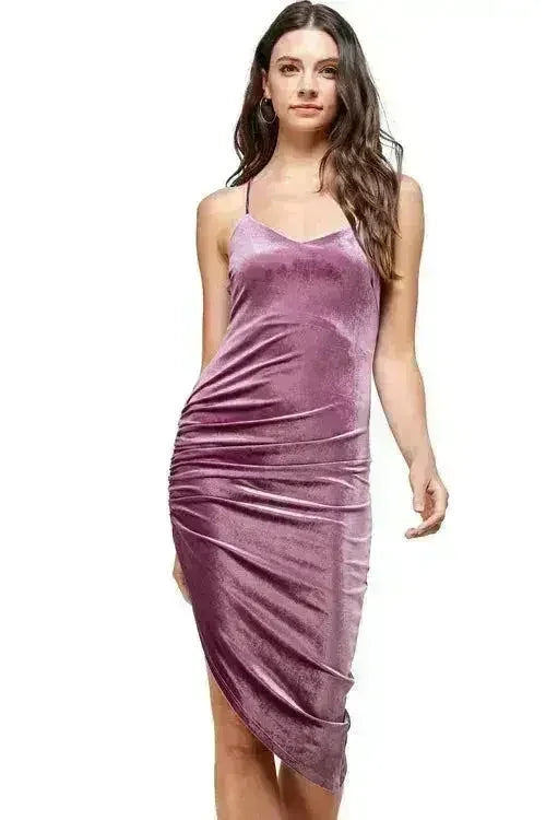 Velvet Ruched Bodycon Dress | Spaghetti Strap Midi Gown -femstylo