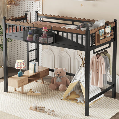 Twin XL Size Loft Bed with Ladders and Storage Shelves