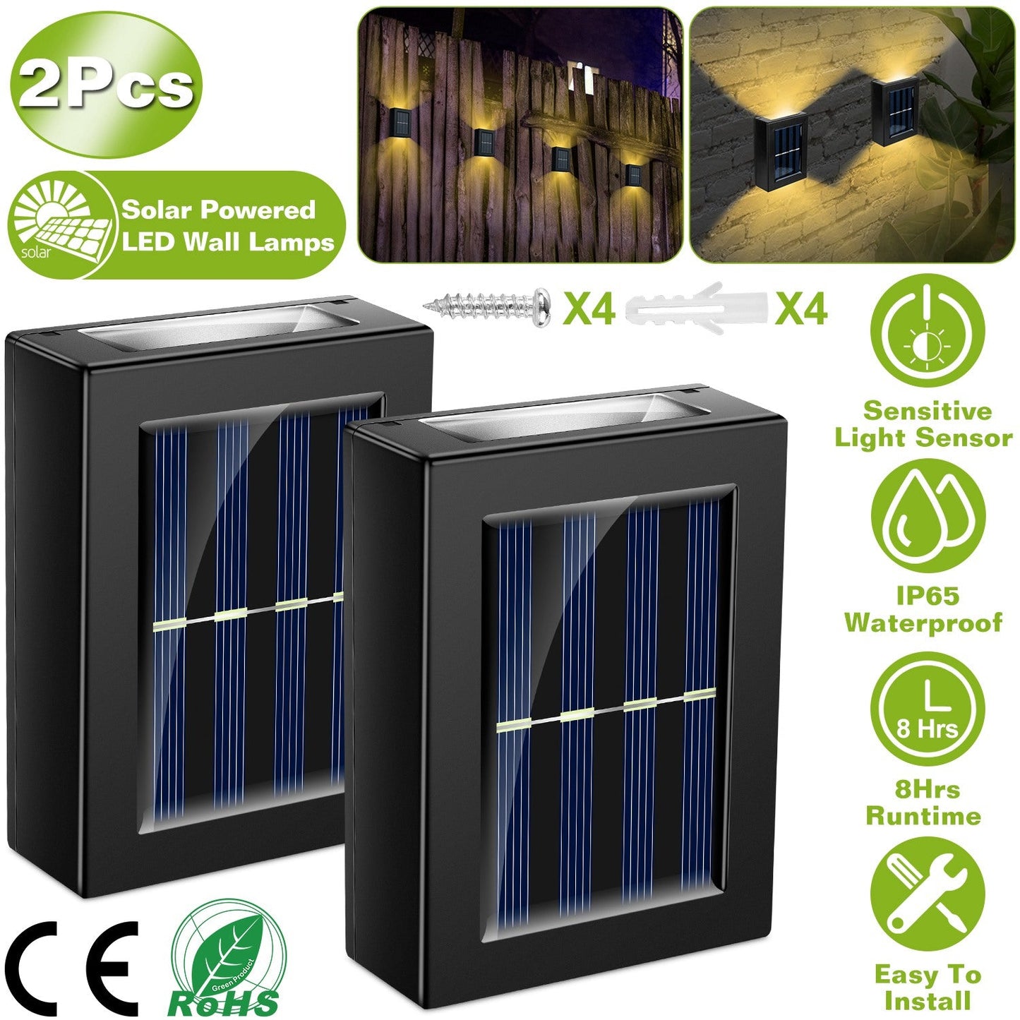 2Pcs Solar Deck Lights Outdoor 2LED Beads Waterproof Sensor Fence Stair Lamps For Patio Landscape Yard Warm White Lighting Color