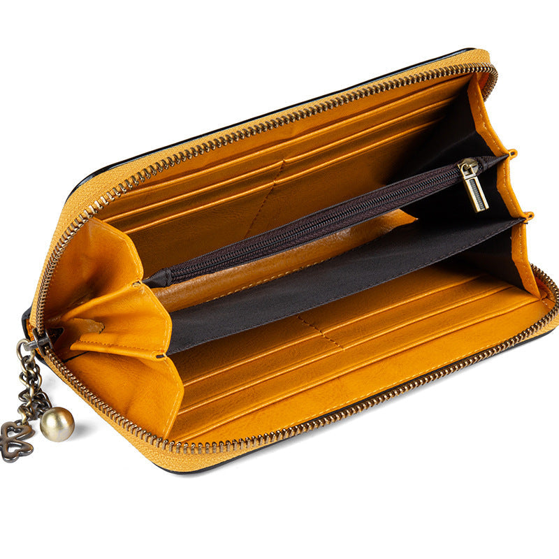 Genuine Leather Long Wallet Bag Hand-Painted Finish Zipper Closure Full-Grain Cowhide Clutch