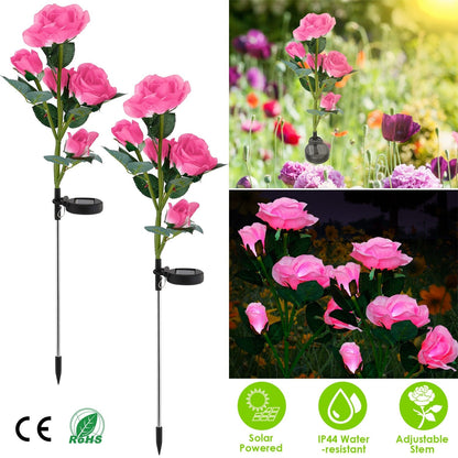 2Pcs Solar Powered Lights Outdoor Rose Flower LED Decorative Lamp Water Resistant Pathway Stake Lights For Garden Patio Yard Walkway