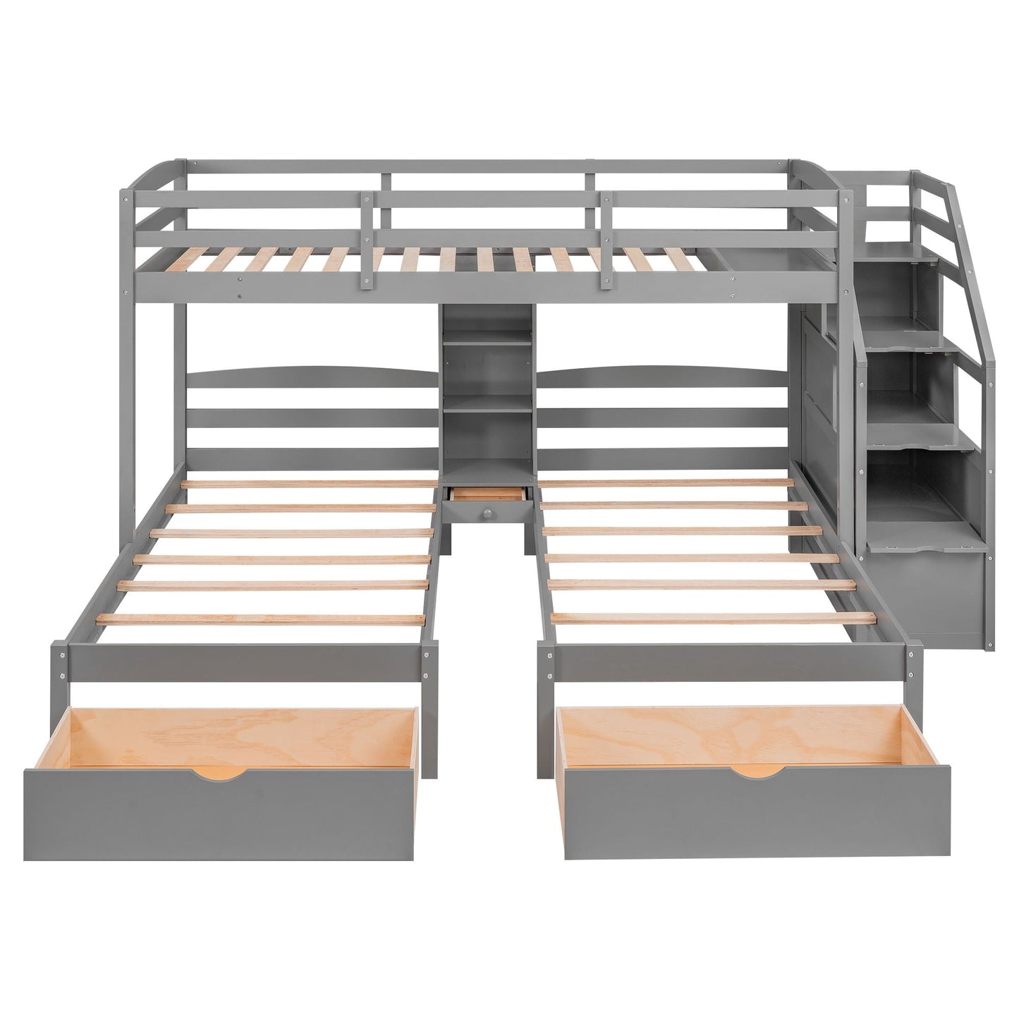 Twin Over Twin & Twin Bunk Bed With Drawers, Staircase Storage, Built In Shelves - Gray