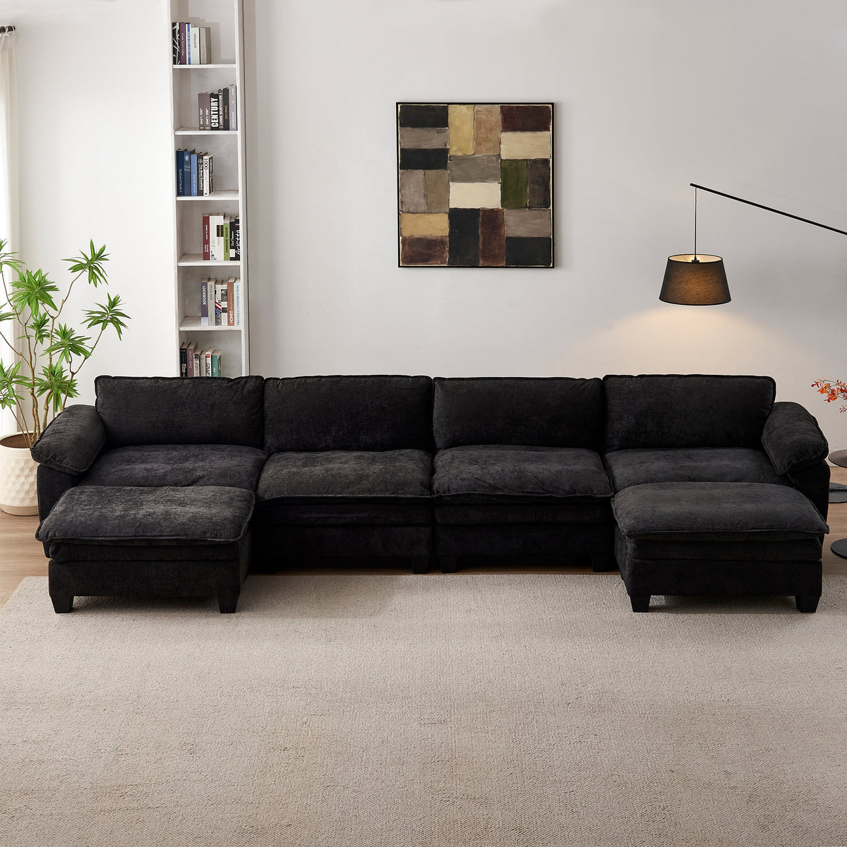 Luxury Chenille Upholstered U Shape Sofa with Two Ottomans