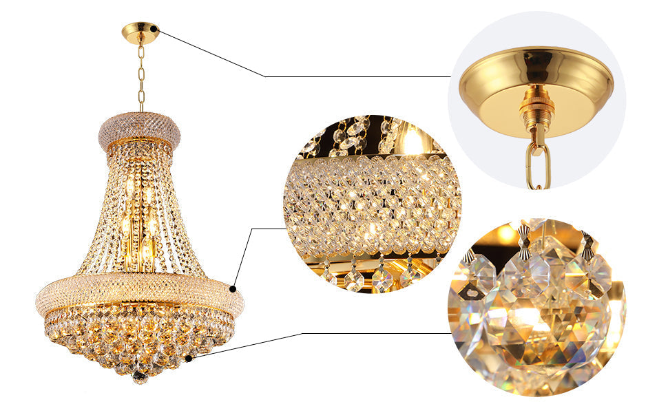 24-Inch Gold Crystal Chandelier, 12-Light French Empire Style Ceiling Light