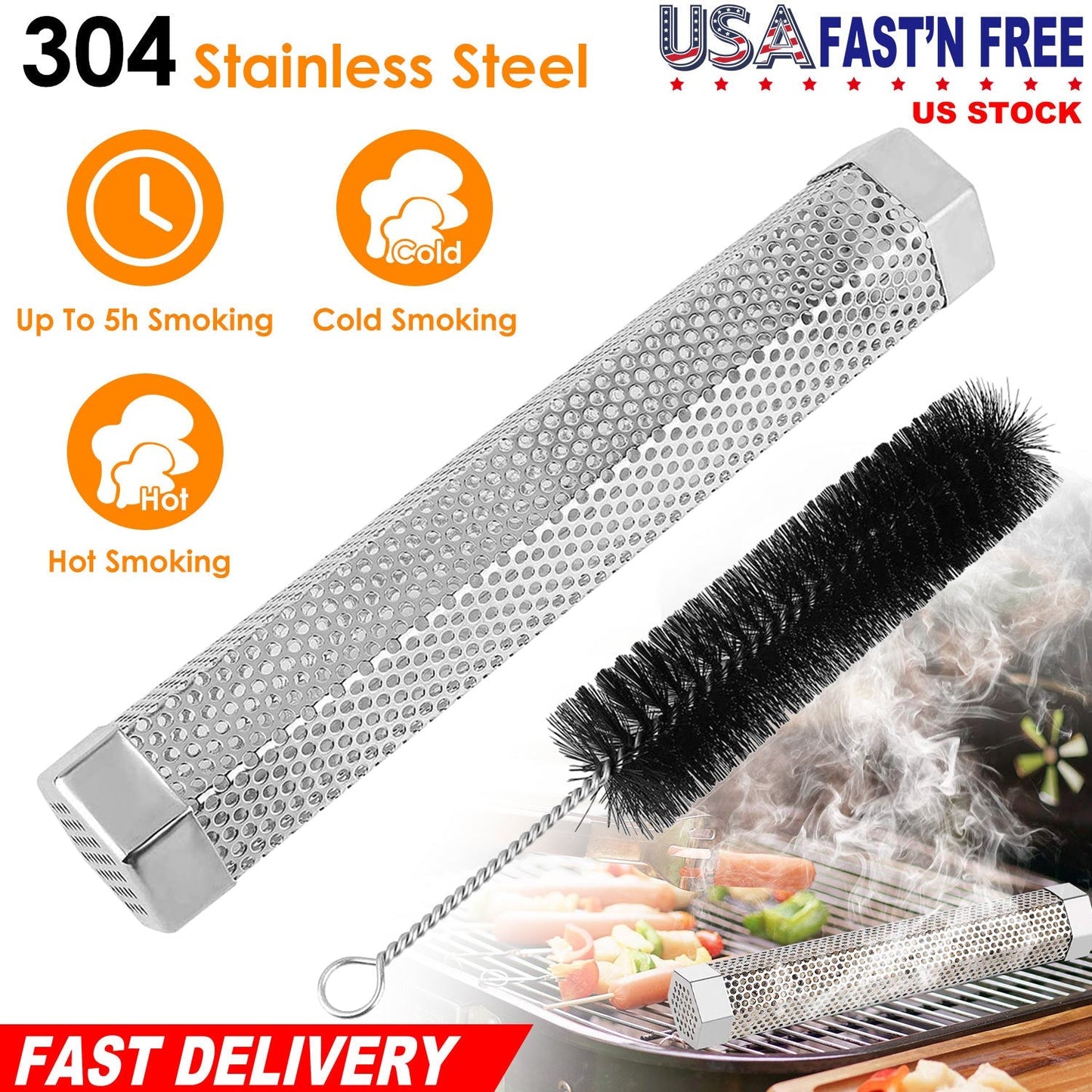Pellet Smoker Tube 12" Stainless Steel BBQ Grill Smoker Tube Pipe For Wood Chips Cold Hot Smoking