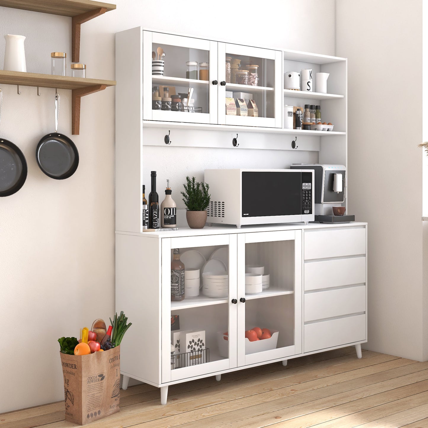 63" W Large Kitchen Hutch Cabinet, Freestanding Pantry Storage